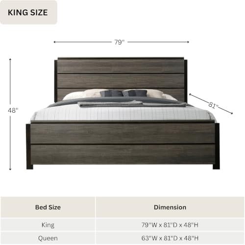 Roundhill Furniture Ioana 187 Antique Grey Finish Wood Bed Room Set, King Size Bed, Dresser, Mirror, 2 Night Stands