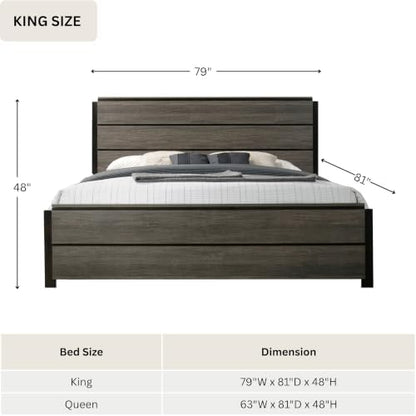 Roundhill Furniture Ioana 187 Antique Grey Finish Wood Bed Room Set, King Size Bed, Dresser, Mirror, 2 Night Stands