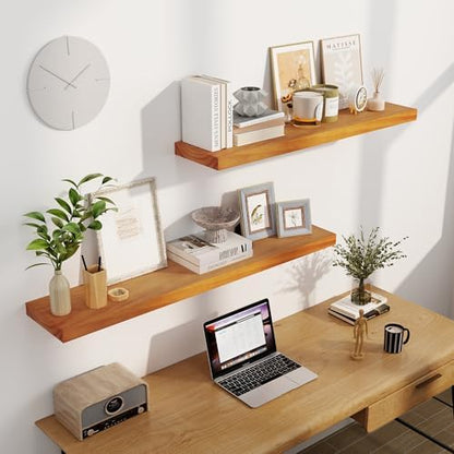 Floating Shelves, 9.3 Inch Deep Solid Pine Wood Wall Shelves for Storage, Rustic Wall Mounted Display Shelf with Invisible Heavy-Duty Metal Bracket, 55 Inch Width, Honey Oak