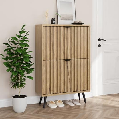 Smuxee Shoe Cabinet with 2 Flip Drawers, 23.6" Natural Hidden Shoe Storage Cabinet with Fluted Design, Freestanding Shoe Organizer Cabinet for Entryway, Hallway, Closet, Living Room