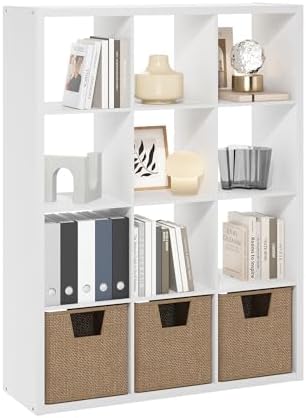 12-Cube Bookshelf, Cubicle Shelf Bookcase with Open Back, Position Reversible Book Shelf, 15 x 44 x 58, for Home Office, Living Room, White