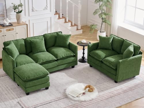 Cloud 3 Pieces Sofa Set, 2+3 Seater Couch+1 Ottoman, Modern Sofas Sets with Deep Seat, Modular Sectional Couches Sets for Living Room, Bedroom, Small Apartment, Dark Green