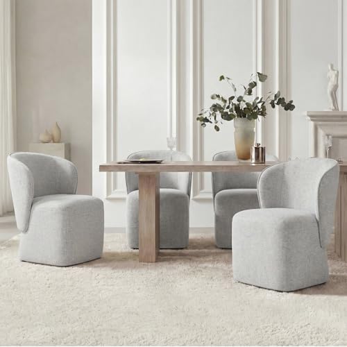 KISLOT Upholstered Dining Chairs with Wheels, No Assembly Stain Resistant Fabric Modern Barrel Armchair with Casters, Dining Room Chairs for Kitchen Living Room Bedroom, Light Grey, Set of 4