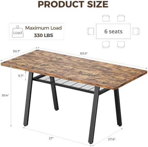 IRONCK 63 Inch Dining Table for 6-8, Kitchen Table with Storage Rack