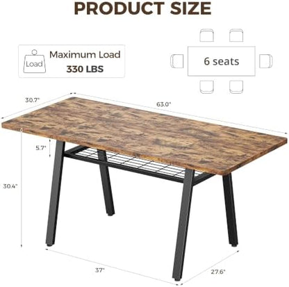 IRONCK 63 Inch Dining Table for 6-8, Kitchen Table with Storage Rack