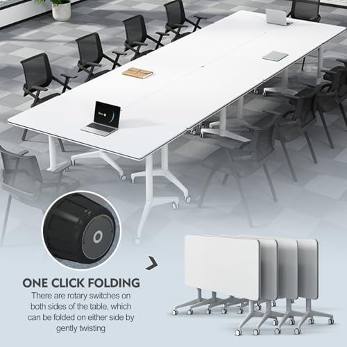 Folding Conference Table, Conference Room Tables with Wheels Foldable Large Rectangle Meeting Seminar Table for 6-12 People, Flip Top Mobile Training Table for Office Classr (6, White 2, 61in)