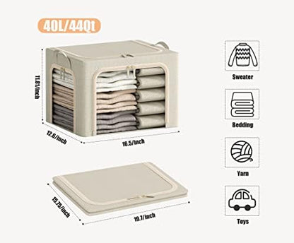3 Openings Clothes Storage Bins with Metal Frame, Foldable Storage Bin for Clothes, Clothing Storage Bins with Lid, Linen Storage Box With Clear Window＆ Zippers＆ Durable Handles.(3 Pcs ,Beige,40L)