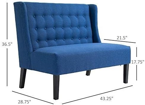 HOMCOM Wingback Double Sofa Linen Fabric Upholstery Button Tufted Loveseat Armless Couch Modern Contemporary Living Room Settee with Wood Legs, Blue