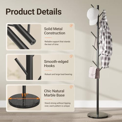 Coat Rack Freestanding, Metal Coat Rack with Natural Marble Base