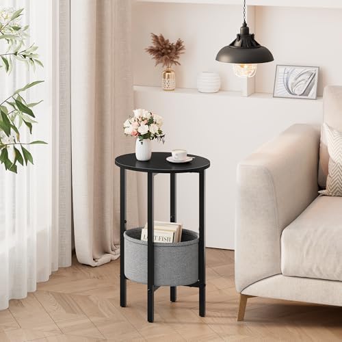 Round Side Table End Table with Storage Basket, Small Side Table Round Nightstand for Small Spaces, Tall Oval End Table with Steel Frame, Coffee Bedside Table for Living Room Bedroom, Black