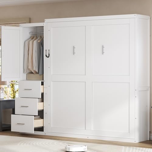 MERITLINE Queen Murphy Bed with Storage Drawers and Wardrobe,Solid Wood Farmhouse Horizontal Murphy Wall Bed Cabinet with Drawers for Bedroom Office Guest Room, Foldable