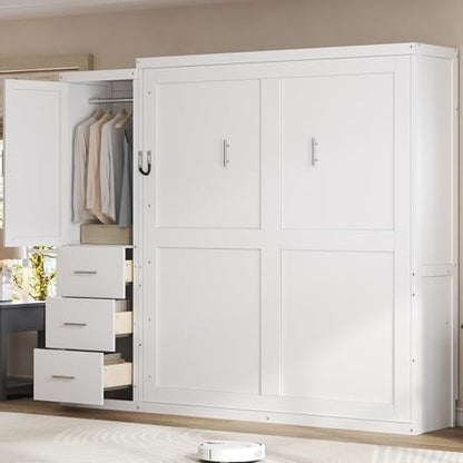 MERITLINE Queen Murphy Bed with Storage Drawers and Wardrobe,Solid Wood Farmhouse Horizontal Murphy Wall Bed Cabinet with Drawers for Bedroom Office Guest Room, Foldable