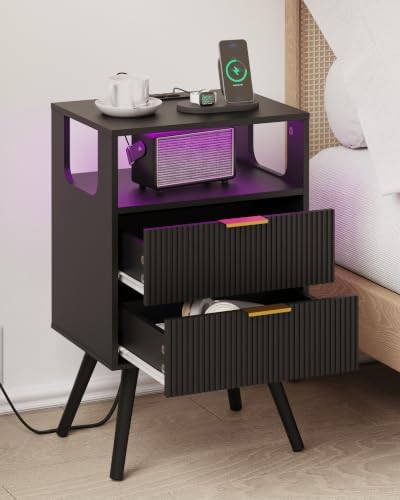 Leomonio Nightstand with Charging Station and LED Lights, Modern Bedside Table with 2 Storage Drawer and Open Wood Shelf for Bedroom and Small Spaces, Night Stand with Solid Wood Legs