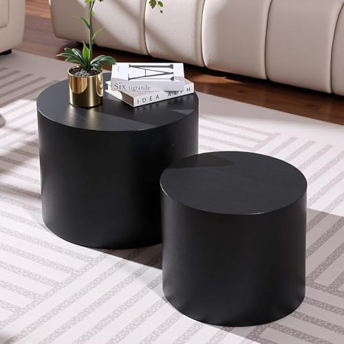 Nesting Coffee Table Set of 2, Modern Round Coffee Table with Non-Slip Feet, Wooden Circle Accent Tables for Small Spaces Living Room Bedroom Balcony Office Drum Side Table (Black)