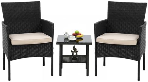 FDW 3-Piece Patio Furniture Set | Black & Khaki | Outdoor Wicker Furniture