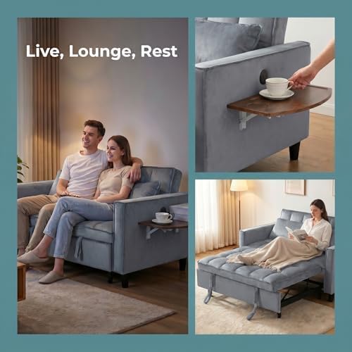 4 in 1 Convertible Sofa Bed, Pull Out Couch with Adjustable Backrest, Loveseat Sleeper Sofa Bed with USB Ports and Side Table, Couch Beds for Living Room, Bedroom, Apartment, Gray