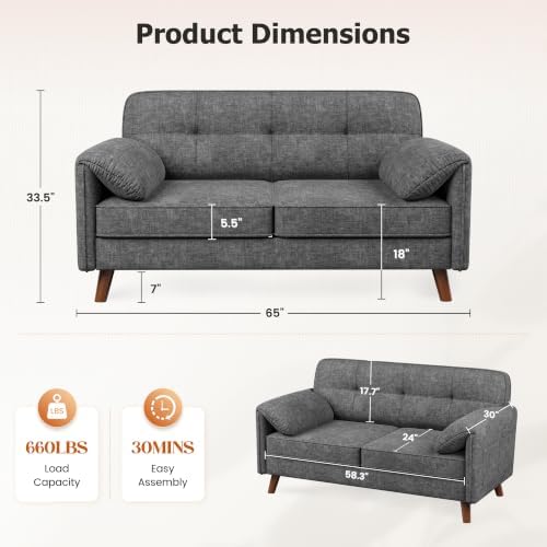 65" Loveseat Sofa, Chenille Loveseat Couch for Living Room with Storage Pockets, 25" Deep Seat Love Seat with Padded Arms, Modern Small Couches for Bedroom, Small Spaces, Home Office, Apartments, Grey