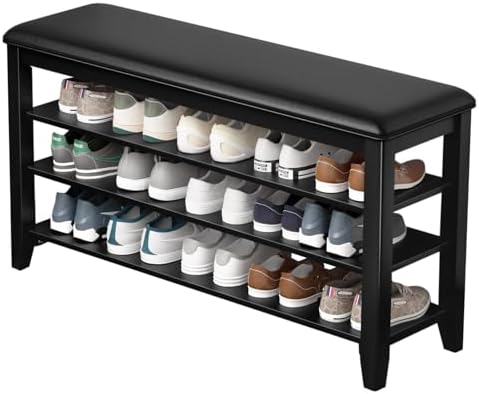 Shoe Bench with 3 Tier Adjustable Shelves Rubberwood Entryway 39.4''