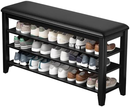 Shoe Bench with 3 Tier Adjustable Shelves Rubberwood Entryway 39.4''