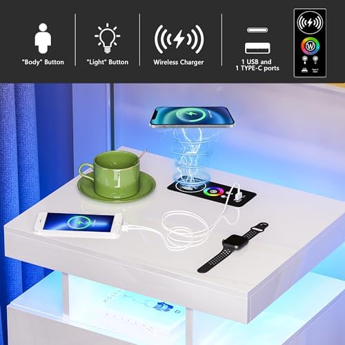 HNEBC LED Nightstand Set of 2 with Charging Station for Bedroom,Black