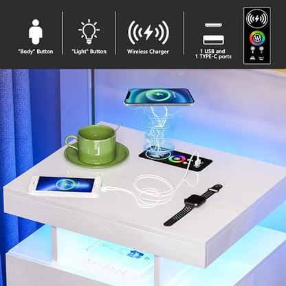 HNEBC LED Nightstand Set of 2 with Charging Station for Bedroom,Black