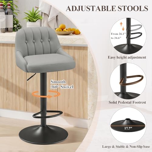 MALOL Bar Stools Set of 2, Swivel Bar Chairs, Modern Adjustable PU Leather Upholstered Barstools Counter Height with Tufted Back for Bar, Kitchen Counter Island, Dining Room, Grey