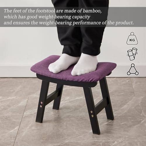 Kitsanery Foot Stool,Ottoman,Bamboo Small Sofa Foot Rest Under Desk,Extra Seating for Living Room, Bedroom and Kitchen (Black Stool Legs - Purple Surface)