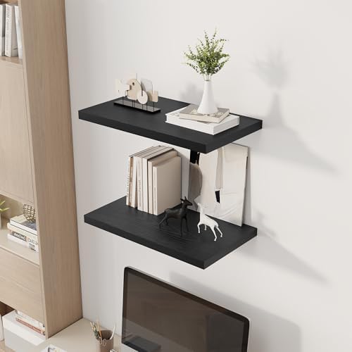 Dreamland 24" Floating Shelves for Wall, 12" Deep Slim Black Floating Shelves, Wall-Mounted Shelves for Bedroom, Living Room, Kitchen, Bathroom - Set of 2