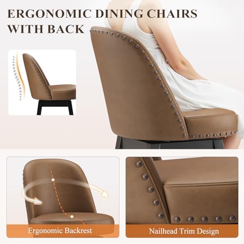 MALOL Swivel Counter Height Bar Stools Set of 3, Tall Faux Leather Barstools, Modern Bar Chairs with Solid Back and Wood Legs for Kitchen Island，Brown