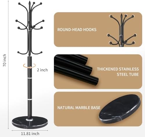Metal Coat Rack Stand, Modern Freestanding Coat Rack with Natural Marble Base, Black Coat Racks and Coat Hall Tree Hanger Stand with 12 Hooks for Entryway, Hallway, Office