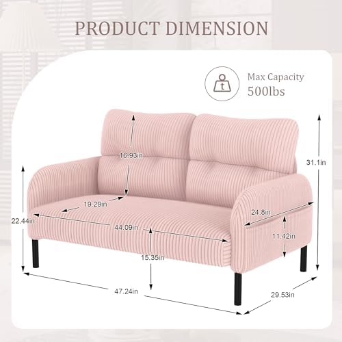 47" Corduroy Loveseat Sofa, 2 Seater Couch with Side Pockets, Pink