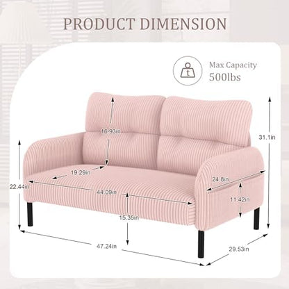 47" Corduroy Loveseat Sofa, 2 Seater Couch with Side Pockets, Pink