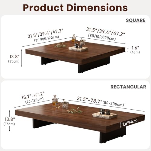Modern Minimalist Square Coffee Table Low Profile Wood Living Room