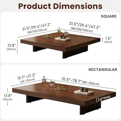 Modern Minimalist Square Coffee Table Low Profile Wood Living Room