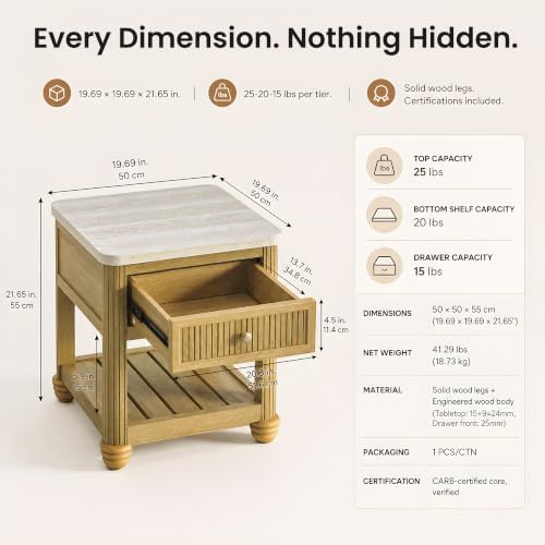COLAMY Rille Modern Side Table, Square End Table with Drawer and Open Shelf, Solid Wood Legs, Thick 24mm Top, Small Accent Table for Living Room Bedroom, 19.7 in
