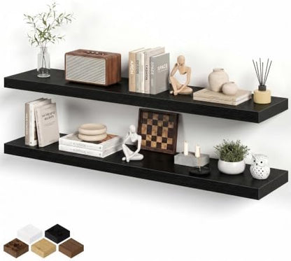 48 Inch Floating Shelves for Wall 8 Inch Deep Black Shelves Set of 2, Wall Mounted Rustic Wood Long Floating Shelf, Large Display & Storage Shelf with Invisible Brackets