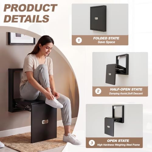 1 Pcs Wall Mounted Folding Chair, Modern Entryway Shoe Changing Stool, 330lbs Capacity, Extra-Wide Seat, Invisible Folding Chair for Hallway, Hidden Shoe Bench for Most Homes (Black)