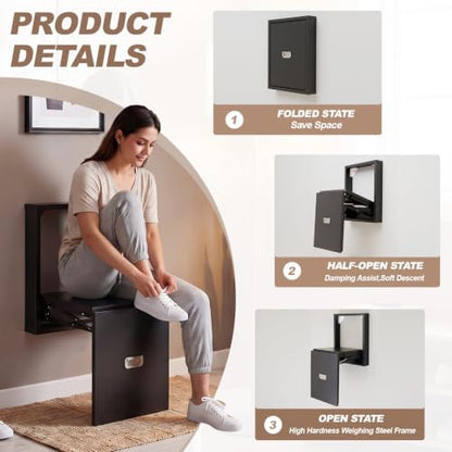 1 Pcs Wall Mounted Folding Chair, Modern Entryway Shoe Changing Stool, 330lbs Capacity, Extra-Wide Seat, Invisible Folding Chair for Hallway, Hidden Shoe Bench for Most Homes (Black)
