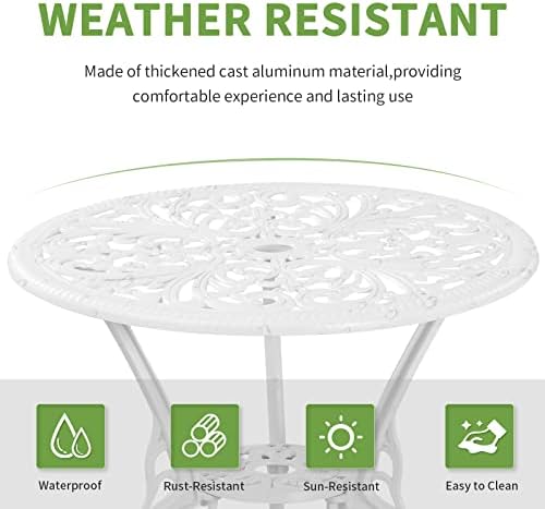 3 Piece Patio Set Outdoor Cast Aluminum Patio Bistro Table and Chairs Set of 2,All Weather Outdoor Bistro Sets with 1.97" Umbrella Hole for Front Porch Set,Garden(White)