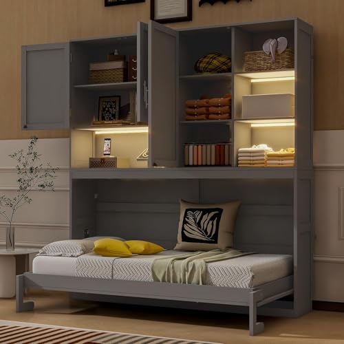 Twin Horizontal Murphy Bed with Storage Cabinet, LED Light and Charging Station,Wood Folding Murphy Wall Bed Cabinet with Bookcase and Shelves for Adult (Grey)