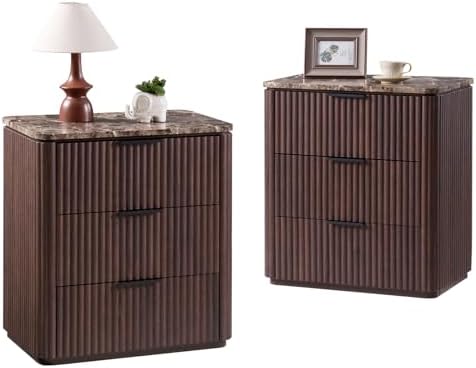 Curved Fluted Nightstand Set of 2, Faux Marble Top, Dark Oak