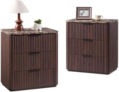 Curved Fluted Nightstand Set of 2, Faux Marble Top, Dark Oak