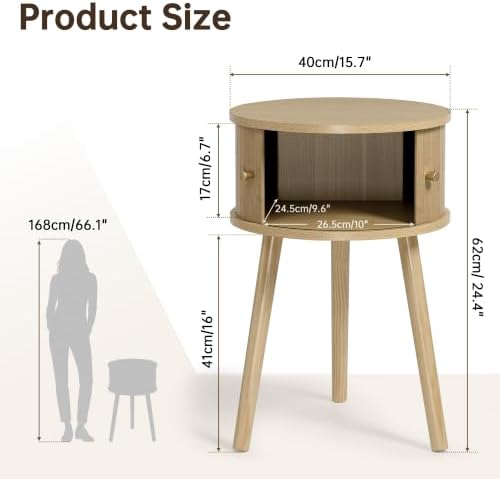 Afuly Round Side Table Small Oak Fluted End Table with Cabinet Living Room