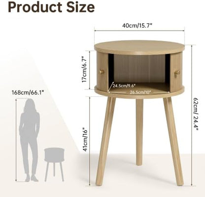 Afuly Round Side Table Small Oak Fluted End Table with Cabinet Living Room