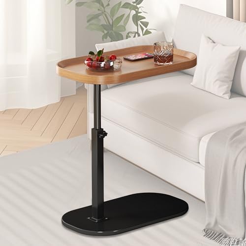 Adjustable Height C Shaped Side Table, Couch Tables That Slide Under, C Side Table Raised Edge, 360°Swivel C Shaped End Table, Small Coffee C Table, End Table for Sofa/Bed/Bathtub (Wood)