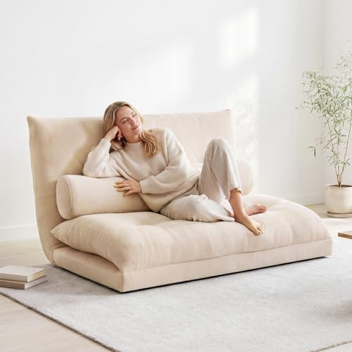 GIANTEX Adjustable Floor Sofa Couch with 2 Pillows, Multi-Functional 6-Position Foldable Lazy Sofa Sleeper Bed, Multi-Functional Suede Floor Seating for Reading Gaming (Beige)