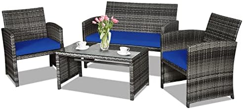 Goplus 4-Piece Rattan Patio Furniture Set, Outdoor Wicker Conversation Sofa with Weather Resistant Cushions and Tempered Glass Tabletop for Lawn Backyard Pool Garden (Blue)