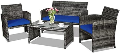Goplus 4-Piece Rattan Patio Furniture Set, Outdoor Wicker Conversation Sofa with Weather Resistant Cushions and Tempered Glass Tabletop for Lawn Backyard Pool Garden (Blue)