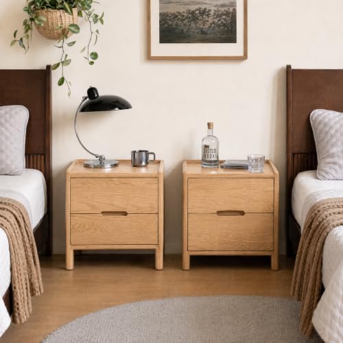 100% Solid Wood Nightstand Set of 2, Oak Nightstand with 2 Drawers, Mid Century Morden Night Stand, Wooden Night Stands for Bedroom, 15.7" W x 13.8" D x 17.1" H