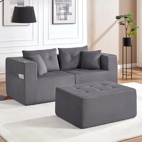 73" Loveseat Modular Sectional Sofa, Oversized 2-Seater Boneless Tufted Cloud Couch with Cup Holder and Movable Ottoman, Corduroy Upholstery Small Couches for Living Room, No Assembly Grey